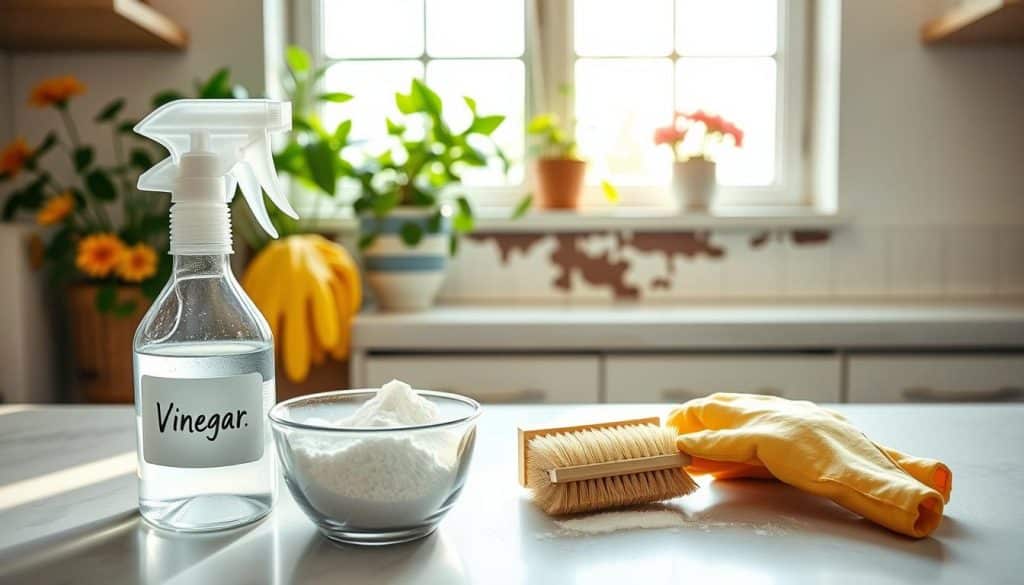 A bright, well-lit kitchen scene showcasing a step-by-step guide for mold removal using vinegar. In the foreground, a clean countertop holds a white spray bottle labeled "Vinegar" next to a small bowl containing baking soda. A pair of rubber gloves and a soft brush are positioned ready for use. In the middle, a visible moldy surface, perhaps on a cabinet or wall, is partially cleaned to illustrate the process. The background features cheerful houseplants and sunlight streaming through a window, creating a fresh and inviting atmosphere. The composition is inviting, capturing the simplicity and safety of natural cleaning methods, with a warm color palette. The angle is slightly overhead to capture both the items and the task at hand without distractions. A bright, well-lit kitchen scene showcasing a step-by-step guide for mold removal using vinegar. In the foreground, a clean countertop holds a white spray bottle labeled "Vinegar" next to a small bowl containing baking soda. A pair of rubber gloves and a soft brush are positioned ready for use. In the middle, a visible moldy surface, perhaps on a cabinet or wall, is partially cleaned to illustrate the process. The background features cheerful houseplants and sunlight streaming through a window, creating a fresh and inviting atmosphere. The composition is inviting, capturing the simplicity and safety of natural cleaning methods, with a warm color palette. The angle is slightly overhead to capture both the items and the task at hand without distractions.