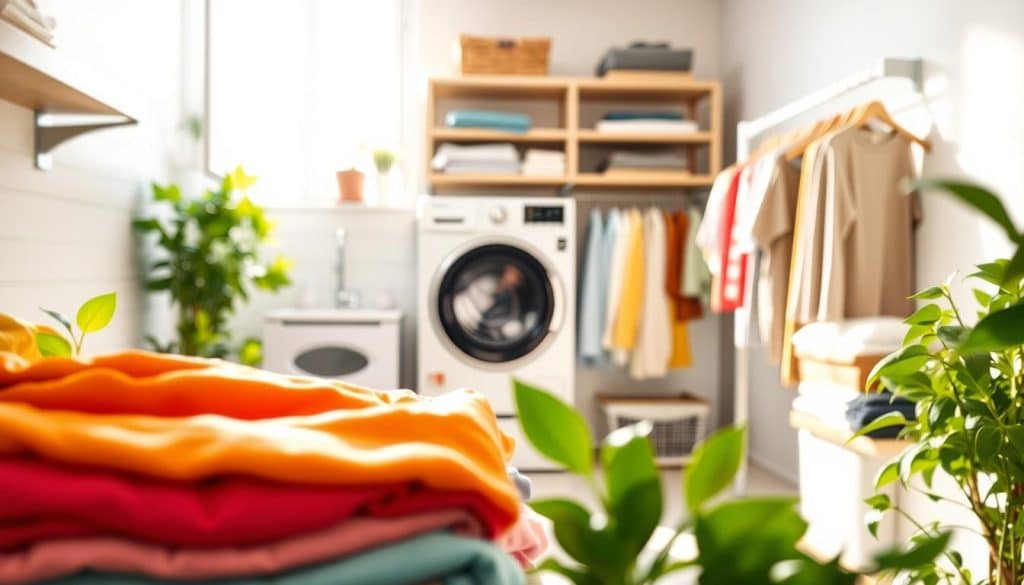 A brightly lit laundry room featuring a well-organized space with white walls and wooden shelves. In the foreground, neatly folded colorful clothes are displayed, visibly free from mold, with a few green plants nearby, suggesting freshness and cleanliness. In the middle, a sleek washing machine and a drying rack filled with freshly laundered garments showcase an efficient laundry routine. The background highlights efficient ventilation, perhaps a window slightly open, allowing sunlight to stream in, creating a warm and inviting atmosphere. The overall mood feels bright, clean, and proactive, embodying the essence of preventive care for clothing against mold. Use natural daylight to enhance the scene, capturing a depth of field that subtly blurs the background while maintaining clarity in the foreground elements.