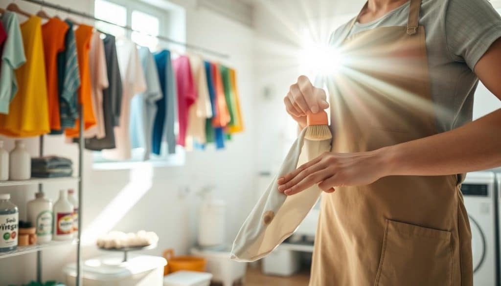 A brightly lit laundry room, with sun rays streaming through a window, illuminating a colorful assortment of clothes hanging on a drying rack. In the foreground, a person wearing a professional apron is carefully examining a piece of clothing with visible mold spots, using a small brush to scrub the fabric delicately. The middle ground features shelves stocked with various cleaning supplies, such as vinegar, baking soda, and soft brushes, organized neatly. The background reveals a washing machine and a tidy workspace, creating an inviting and clean atmosphere. The overall mood is one of determination and focus, showcasing a step-by-step process of mold removal. The composition is well-balanced, with a slight depth of field effect to emphasize the subject.