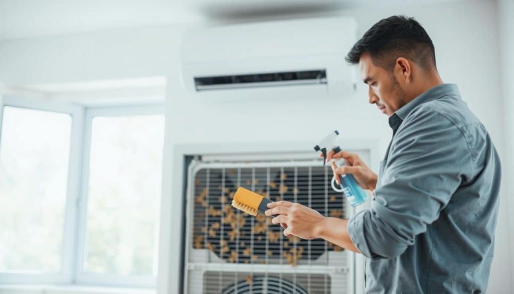A clean and organized indoor setting showcasing the mold removal process for an AC unit. In the foreground, a professional technician in a modest, casual outfit delicately cleans the evaporator coils with a brush and a spray solution, focusing intently on their task. The middle ground features an open AC unit with visible mold buildup on the coils, highlighting the need for maintenance. The background displays a bright, well-lit room with a window allowing natural light to flood in, emphasizing cleanliness and efficiency. The atmosphere is focused and methodical, conveying a sense of diligence in promoting a healthy indoor environment. The image should capture the technical aspects with attention to detail, showcasing the importance of proper evaporator cleaning techniques.