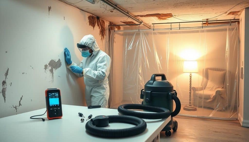 A clean and organized mold remediation scene showcasing a professional technician wearing protective gear, meticulously inspecting a damp wall in a residential basement. In the foreground, tools like a moisture meter and HEPA vacuum are placed on a clean, well-lit worktable. The middle ground features a partially opened containment barrier with clear plastic sheeting, emphasizing careful mold containment practices. In the background, soft lighting illuminates the rest of the basement, showcasing water stains and signs of previous mold growth, but with a hopeful, inviting atmosphere. The overall mood is one of professionalism and focused diligence, capturing the essence of mold remediation work. Use a wide-angle lens to encompass the entire scene, conveying a sense of control and safety in the remediation process.