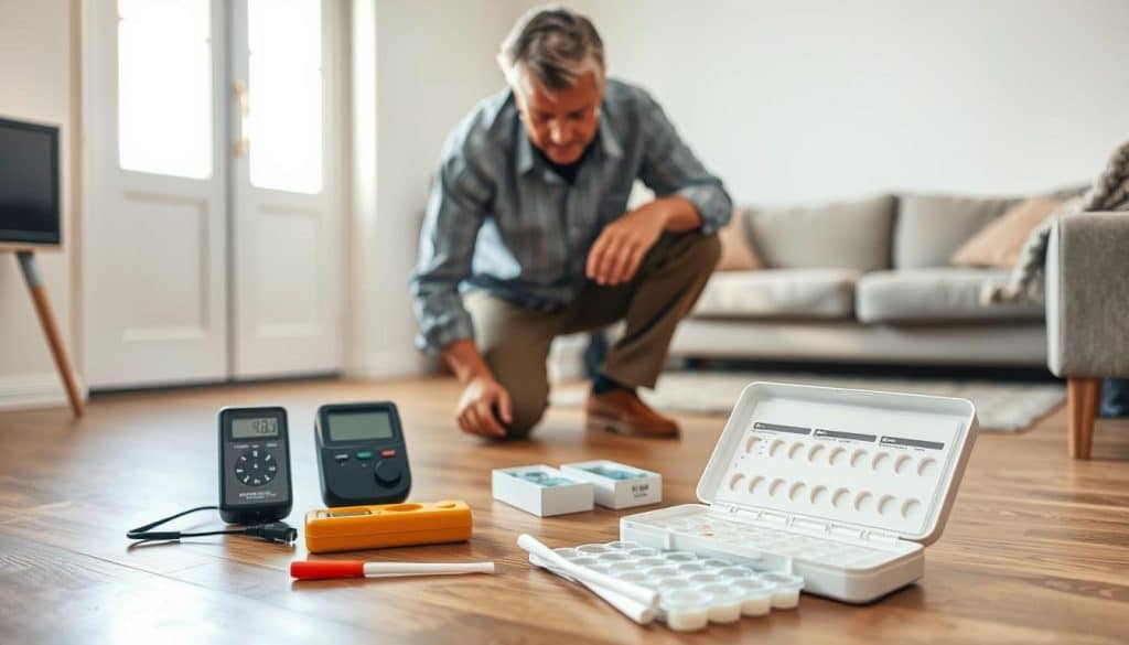 A clean, well-lit indoor environment showcasing a DIY mold testing scenario. In the foreground, a diligent, middle-aged person in modest casual clothing kneels to inspect a moisture meter and air sampling kit placed on a wooden floor. In the middle ground, two small mold test kits are spread out on a table, with one kit partially opened revealing swabs and petri dishes. The background features a serene, uncluttered living room space with soft natural light streaming in through a window, emphasizing a safe and organized atmosphere. The focus is on accuracy and safety in mold testing, capturing a thoughtful and responsible DIY approach to home health and maintenance.