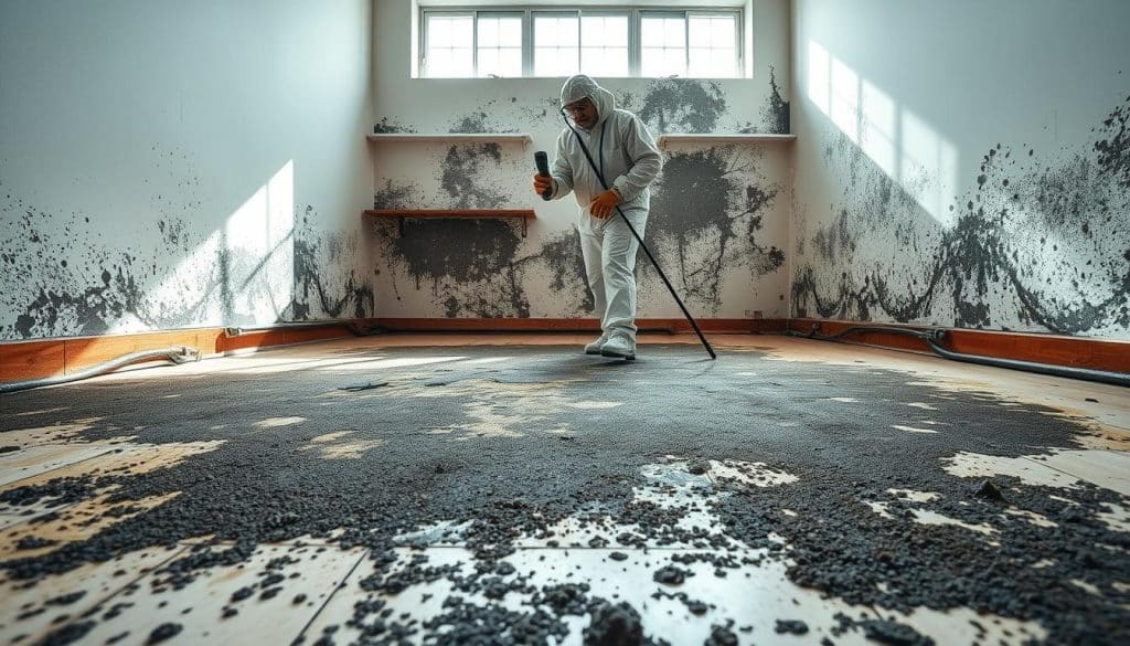 A clean, well-lit room showing the floor space affected by black mold, prominently featuring square feet of the moldy area in the foreground. The middle ground includes a professional mold removal expert in a protective suit, examining the affected area with a flashlight, while wearing safety goggles and gloves. The background displays walls with noticeable mold growth, under natural light pouring in from a window, casting soft shadows. The atmosphere is serious yet focused, embodying a sense of urgency and professionalism. The room should be organized, suggesting preparation for a thorough cleaning process. Focus on sharp details, captured with a wide lens, showcasing the contrast between the affected and clean areas, emphasizing the need for effective mold removal. A clean, well-lit room showing the floor space affected by black mold, prominently featuring square feet of the moldy area in the foreground. The middle ground includes a professional mold removal expert in a protective suit, examining the affected area with a flashlight, while wearing safety goggles and gloves. The background displays walls with noticeable mold growth, under natural light pouring in from a window, casting soft shadows. The atmosphere is serious yet focused, embodying a sense of urgency and professionalism. The room should be organized, suggesting preparation for a thorough cleaning process. Focus on sharp details, captured with a wide lens, showcasing the contrast between the affected and clean areas, emphasizing the need for effective mold removal.