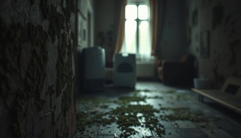 A close-up image of a dimly lit room with moldy walls, showcasing patches of greenish-black mold spreading across the textured surface. The foreground features a cracked, peeling wall with damp spots, emphasizing the severity of the mold infestation. In the middle ground, a faint outline of a dehumidifier can be seen, symbolizing a solution to the problem, while a window reveals soft, natural light filtering in, contrasting with the gloomy atmosphere inside. The background consists of blurred, indistinct furniture, hinting at an indoor environment. The overall mood is tense yet informative, capturing the essence of indoor air quality concerns and safety. The image should have a sharp focus on the mold details and subtle lighting to enhance the texture, with a wide-angle view that invites the viewer to understand the issue better.