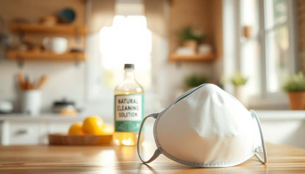 A close-up image of a protective mask, highlighting its filter and straps, placed prominently in the foreground against a softly blurred backdrop of a sunny, well-lit kitchen. The mask should appear clean and new, reflecting a sense of safety and preparedness. In the middle ground, a bottle of vinegar with a label displaying "Natural Cleaning Solution" can be seen, hinting at the cleaning process. Soft, natural lighting streams in from a window, casting gentle shadows and giving the scene an inviting atmosphere. The mood should convey a sense of security and health awareness, encouraging viewers to prioritize safety while engaging in household tasks. A close-up image of a protective mask, highlighting its filter and straps, placed prominently in the foreground against a softly blurred backdrop of a sunny, well-lit kitchen. The mask should appear clean and new, reflecting a sense of safety and preparedness. In the middle ground, a bottle of vinegar with a label displaying "Natural Cleaning Solution" can be seen, hinting at the cleaning process. Soft, natural lighting streams in from a window, casting gentle shadows and giving the scene an inviting atmosphere. The mood should convey a sense of security and health awareness, encouraging viewers to prioritize safety while engaging in household tasks.