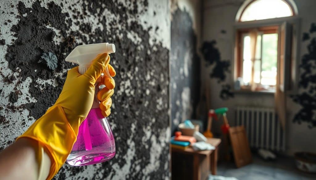 A close-up of a damp wall infested with dark mold, showcasing the textures and patterns of the mold growth. In the foreground, a pair of gloved hands holding a spray bottle of cleaning solution, ready to combat the mold, symbolizes preparation and safety. The middle ground features a disorganized workspace with cleaning supplies like scrub brushes and cloths, set against the moldy wall. In the background, a dimly lit room emphasizes the neglected state, with a window letting in soft, diffused natural light, highlighting the contrast between the vibrant colors of the cleaning supplies and the dark mold. The overall atmosphere conveys urgency and concern for health risks associated with mold, creating a serious yet informative mood.