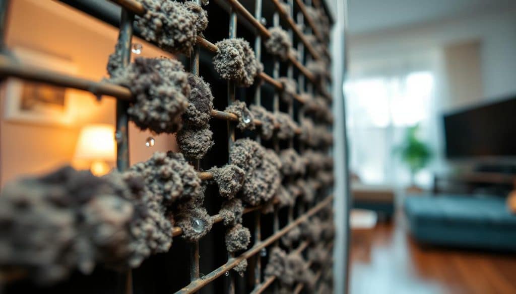 A close-up of an air conditioning unit in a residential setting, highlighting visible signs of mold growth. The foreground features clusters of dark, fuzzy mold patches on the unit's metal grates and surrounding areas. In the middle ground, a faint condensation of moisture can be seen, with small droplets forming and reflecting the ambient light. The background includes a softly blurred living room with warm, natural light filtering through a nearby window, creating a cozy atmosphere. The focus should be sharp on the mold, emphasizing its texture and color variations. Utilize a shallow depth of field to draw attention to the mold, with a slight vignette effect to enhance the mood of concern and the necessity for mold removal.