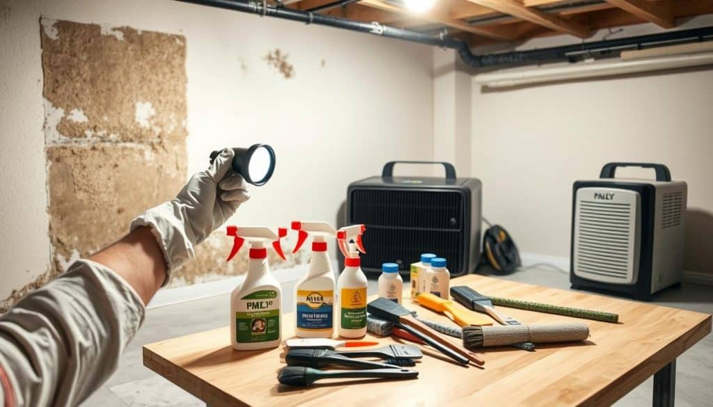 A close-up view of a clean, well-lit basement, showcasing a contrast between areas treated for mold and ones in the process of remediation. In the foreground, a pair of hands wearing protective gloves is carefully inspecting a section of drywall, ensuring no mold is present while holding a flashlight. In the middle, various DIY mold-remediation tools such as spray bottles with solutions, brushes, and protective gear are neatly arranged on a work table, symbolizing the DIY approach. In the background, a professional-grade air purifier runs quietly. The lighting is bright and positive, giving a sense of safety and reassurance about home maintenance. The atmosphere is calm and focused, illustrating the importance of safety and diligence in mold prevention.