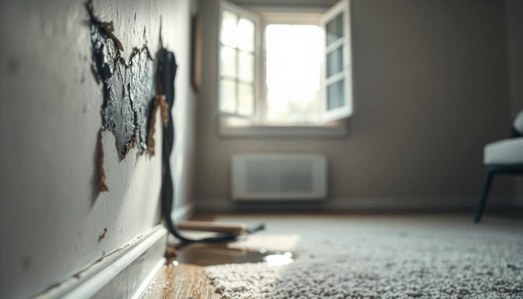 A close-up view of a damaged interior wall in a residential home showing clear signs of water damage. The foreground features peeling paint and bulging drywall with dark, damp stains. In the middle ground, a section of the floor is visible, showing water pooling and soaked carpet fibers, while an open window in the background allows soft, natural light to filter in, illuminating the dampness. The atmosphere is somber and concerning, reflecting the seriousness of moisture issues. The image should convey a sense of urgency and the need for professional mold and remediation services. The composition should be captured with a shallow depth of field, focusing on the damage while keeping the background slightly blurred, enhancing the emotional impact of the scene.