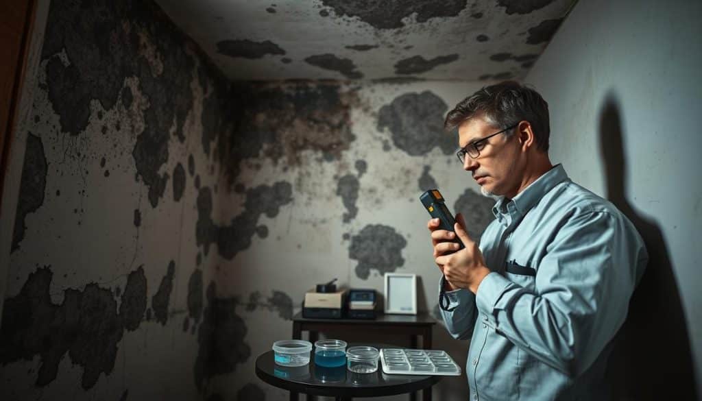 A close-up view of a room corner showing signs of mold growth on walls and ceiling, with visible dark patches revealing different shapes and textures of mold. In the foreground, a professional technician dressed in modest work attire analyzes the affected area with a handheld moisture meter, showcasing expertise and focus. The middle ground features tools like petri dishes and a sample collection kit neatly arranged on a small table, hinting at scientific testing methods. In the background, dim ambient lighting conveys a serious atmosphere, with shadows enhancing the detailed surfaces of the mold and the technician’s careful examination. Soft focus on surrounding areas highlights the main subject, creating a sense of urgency and professionalism in addressing mold testing and safety. A close-up view of a room corner showing signs of mold growth on walls and ceiling, with visible dark patches revealing different shapes and textures of mold. In the foreground, a professional technician dressed in modest work attire analyzes the affected area with a handheld moisture meter, showcasing expertise and focus. The middle ground features tools like petri dishes and a sample collection kit neatly arranged on a small table, hinting at scientific testing methods. In the background, dim ambient lighting conveys a serious atmosphere, with shadows enhancing the detailed surfaces of the mold and the technician’s careful examination. Soft focus on surrounding areas highlights the main subject, creating a sense of urgency and professionalism in addressing mold testing and safety.