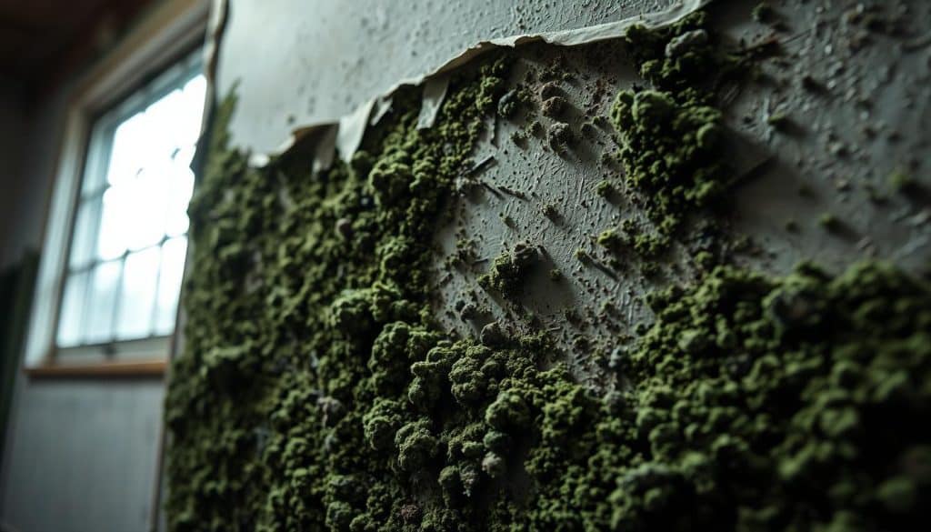 A close-up view of a wall covered in green and black mold, showcasing the texture and details of the spores in a damp, indoor environment. The foreground features intricate patches of mold with varying sizes and shapes, while the middle ground highlights a distorted layer of peeling paint. In the background, soft, diffused light filters through a window, casting gentle shadows that create a moody, slightly unsettling atmosphere. The lens is set to a macro focus to enhance the mold's intricate details, emphasizing its organic structure. The overall setting feels neglected, aiming to evoke a sense of urgency and the need for intervention while maintaining a professional and safe visual for educational purposes.