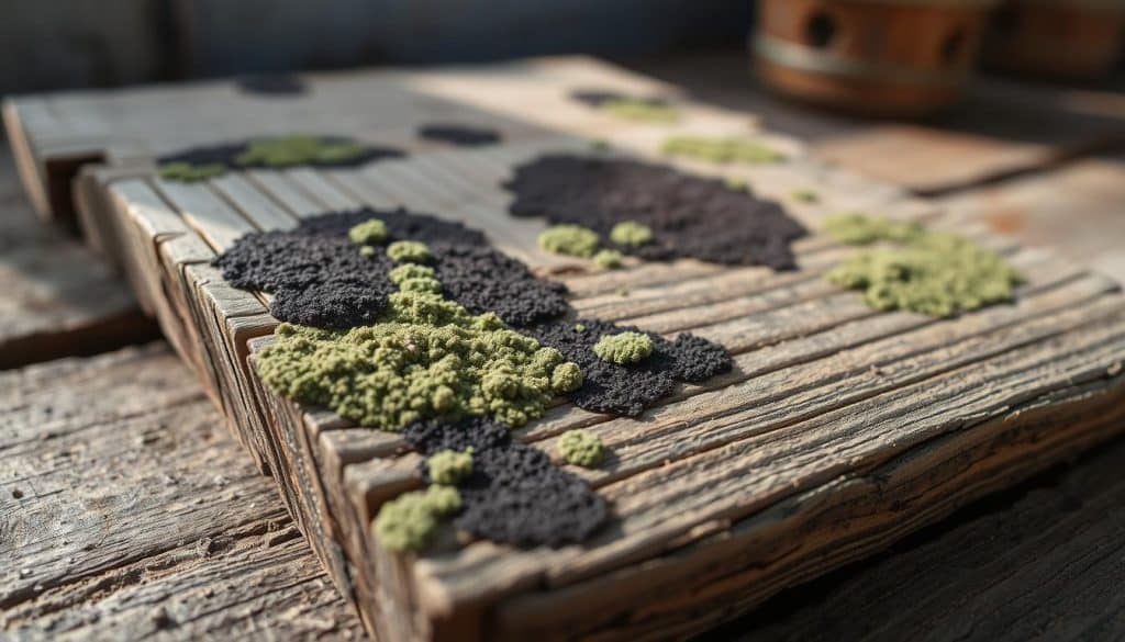 A close-up view of a weathered wooden plank displaying distinct patches of mold, revealing various textures and shades of green and black. The plank is situated on a rustic, textured surface, allowing the viewer to focus on the mold's intricate details. Soft, natural lighting filters in from the left, casting gentle shadows that enhance the wood's grain patterns while emphasizing the mold’s fuzzy appearance. In the background, blurred hints of other wooden items, slightly aged and worn, evoke a sense of neglect, suggesting the risks associated with mold growth. The overall mood is one of caution and awareness, ideal for highlighting the importance of mold identification on wood surfaces. A close-up view of a weathered wooden plank displaying distinct patches of mold, revealing various textures and shades of green and black. The plank is situated on a rustic, textured surface, allowing the viewer to focus on the mold's intricate details. Soft, natural lighting filters in from the left, casting gentle shadows that enhance the wood's grain patterns while emphasizing the mold’s fuzzy appearance. In the background, blurred hints of other wooden items, slightly aged and worn, evoke a sense of neglect, suggesting the risks associated with mold growth. The overall mood is one of caution and awareness, ideal for highlighting the importance of mold identification on wood surfaces.