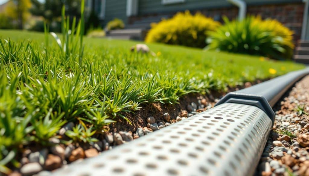 A close-up view of a well-constructed French drain installed in a residential yard. In the foreground, the drain's perforated piping is visible, surrounded by gravel that helps facilitate water flow. The middle ground features lush, green grass and small landscaping plants, indicating a well-maintained garden. In the background, a portion of the house can be seen with downspouts directing rainwater towards the French drain. The lighting is soft and natural, suggesting a sunny day, enhancing the colors of the landscape. The angle is slightly elevated, capturing the drain's function in context, emphasizing its importance in managing yard drainage effectively. The overall mood is serene and inviting, promoting a sense of a functional, beautiful outdoor space.