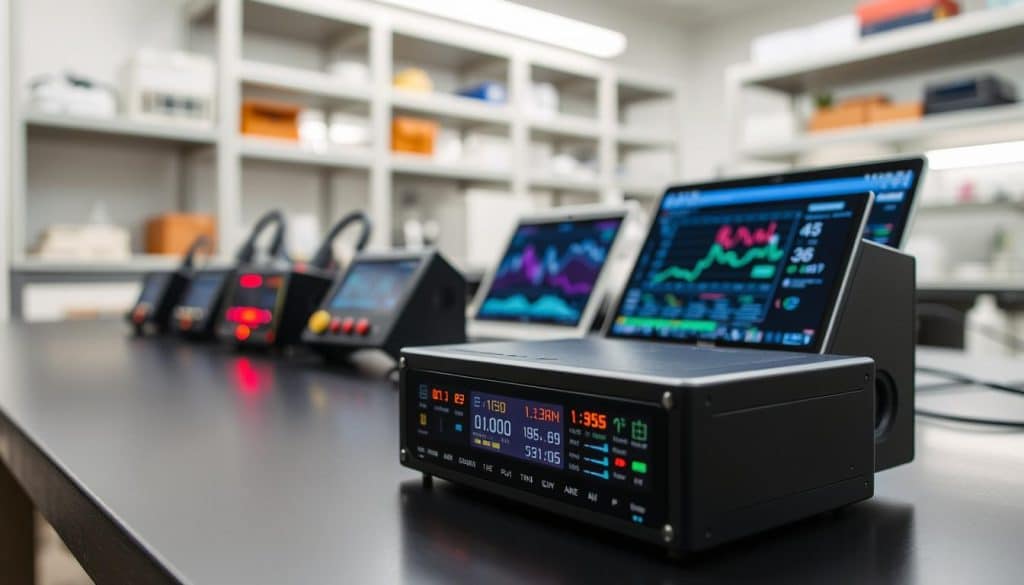 A close-up view of advanced air quality sensors arranged neatly on a lab table. The foreground features a sleek, digital air quality sensor with colorful LED displays, integrating various measurement technologies like particulate matter sensors, gas detectors, and temperature gauges. The middle ground shows additional sensors and a small laptop displaying data graphs and statistics, reflecting real-time air quality measurements. In the background, soft laboratory lighting creates a calm, professional atmosphere, with blurred shelves stacked with scientific equipment. The scene is shot with a shallow depth of field, focusing on the sensors while the surroundings remain softly out of focus, conveying a sense of precision and technology in air quality monitoring.
