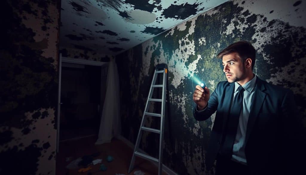 A close-up view of an interior wall affected by black mold, showcasing the distinct patterns and textures of mold growth in various shades of dark green and black. In the foreground, a professional mold remediation expert in business attire examines the wall with a flashlight, revealing the extent of the damage. In the middle, a ladder leans against the wall, and remediation tools like gloves and masks are scattered nearby. The background features a dimly lit, cluttered room, emphasizing the neglected condition. Soft, diffused lighting highlights the mold's details, creating a slightly tense atmosphere that underlines the seriousness of mold infestation. The camera angle is slightly tilted upward, focusing on the expert's careful inspection process.