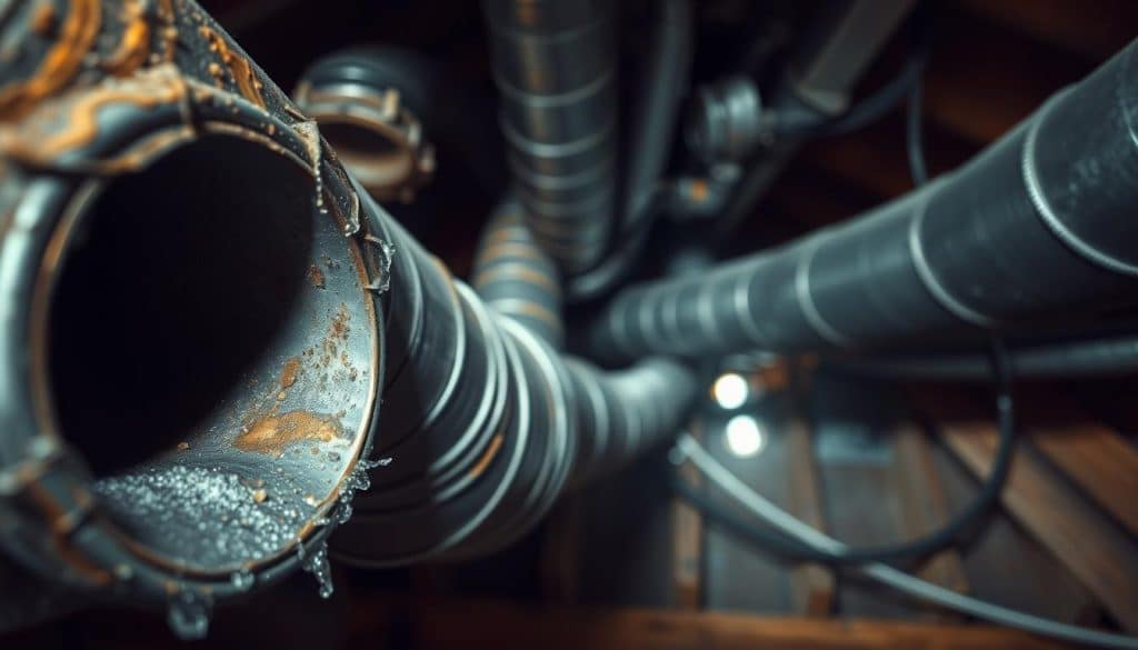 A close-up view of an intricate air duct system, showcasing a network of metallic ducts with varying textures and finishes. In the foreground, focus on one duct section with condensation forming, indicating possible moisture issues, accompanied by small specks of dust. The middle layer displays a broader view of the ductwork, presenting bends and connections that illustrate complexity. The background features a dimly lit attic space, with soft lighting filtering through narrow gaps, creating a slightly dusty atmosphere. The overall mood is one of concern and clarity, highlighting the need for maintenance. Capture the scene at a slightly tilted angle to emphasize depth, making the viewer feel as if they are peering into the mechanical heart of the building.