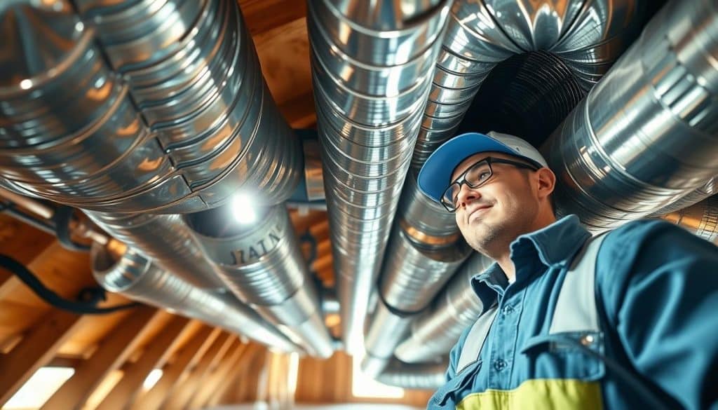 A close-up view of clean air ducts inside a residential attic, showcasing their spotless metallic surfaces and well-maintained interiors. In the foreground, a technician in professional work attire inspects the ducts with a flashlight, highlighting their pristine condition. The middle ground features neatly arranged ductwork, reflecting quality and efficiency. Soft, natural light filters in from the background, creating a bright and inviting atmosphere. Shadows are minimal, emphasizing the cleanliness of the ducts. The overall mood is professional and reassuring, conveying the benefits of regular air duct cleaning. Focus on strong textures and details, with a clear, crisp lens effect to enhance the visual appeal.