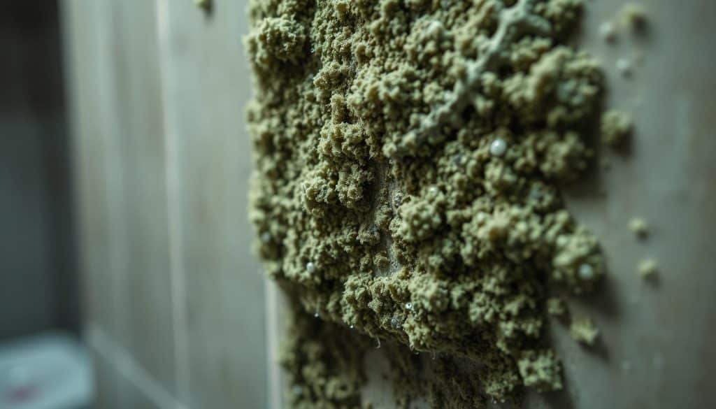 A close-up view of mildew growing on a damp bathroom wall, showcasing its thick, fuzzy texture in shades of green and gray. In the foreground, droplets of moisture cling to the surface, highlighting the irradiance of the mold. The middle ground features a detailed pattern of the mildew, with intricate shapes and sporadic white spores suggesting active growth. The background illustrates a blurry bathroom setting, with muted colors emphasizing the damp environment conducive to mold growth. The lighting is soft and diffused, creating a slightly dark atmosphere to evoke the presence of moisture. The image captures the pervasive nature of mildew while maintaining a clinical feel, suitable for educational purposes.