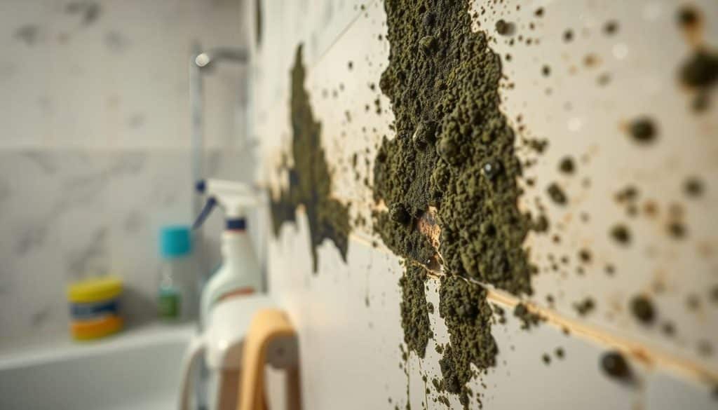 A close-up view of mold growing on a damp bathroom wall, showcasing the intricate texture and dark greenish-black stains of the mold. In the foreground, droplets of water can be seen, hinting at a humid environment. The middle ground features a moldy section of drywall, with some paint peeling away, indicating an ongoing issue. The background contains blurred images of cleaning supplies like a spray bottle and cloth, subtly suggesting the action of cleaning. The lighting is soft and diffused, creating an almost clinical atmosphere, as if in the midst of a clean-up process. The overall mood conveys urgency and professionalism, suitable for a home maintenance scenario. - bathroom mold removal
