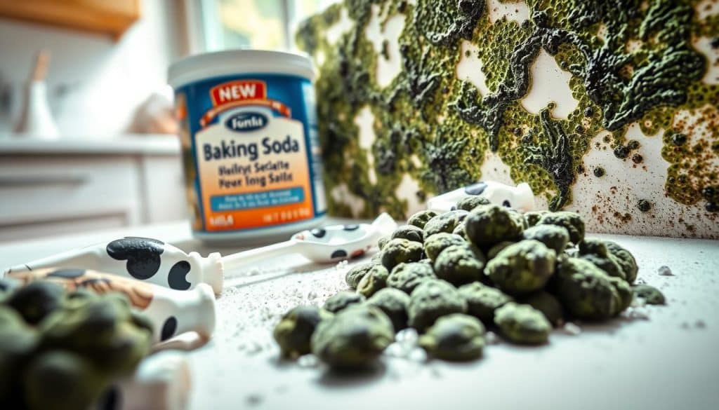 A close-up view of mold growing on a surface, showcasing distinct dark green and black patterns representing the mold itself. In the foreground, tubers of baking soda are scattered around, suggesting they are ready to tackle the mold. The middle ground features a container of baking soda with a small spoon beside it, adding context about its use. The background includes a softened, blurred image of a kitchen or bathroom setting, emphasizing everyday spaces where mold can thrive. The lighting is bright and vibrant, replicating natural sunlight streaming in through a window, enhancing the urgency of mold removal. The overall atmosphere conveys a clean, informative, and hopeful vibe, highlighting both the effectiveness and limitations of baking soda in mold removal.