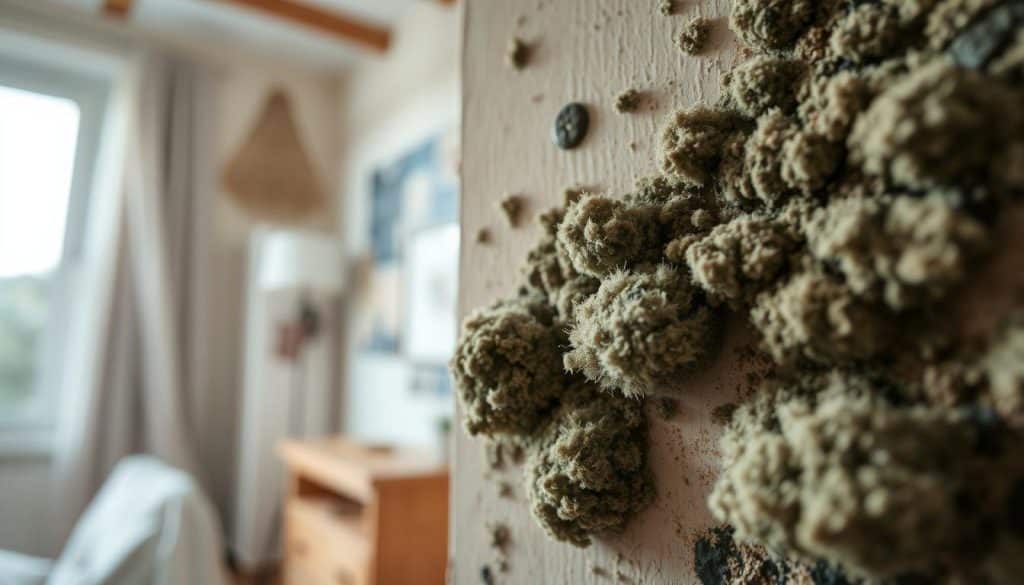 A close-up view of mold signs in a residential setting, showcasing various types of mold growth on damp interior surfaces like walls and ceilings. In the foreground, focus on fuzzy, greenish-black patches of mold, with a slightly textured surface that indicates poor air quality. The middle ground should include a moist corner where the mold thrives, with hints of peeling paint and discoloration indicating water damage. In the background, a softly blurred room with a window allowing natural light to filter in creates an airy atmosphere, contrasting the moldy details. Use soft, diffused lighting to enhance the mood of concern and urgency around the mold issue, capturing attention without overwhelming the viewer.