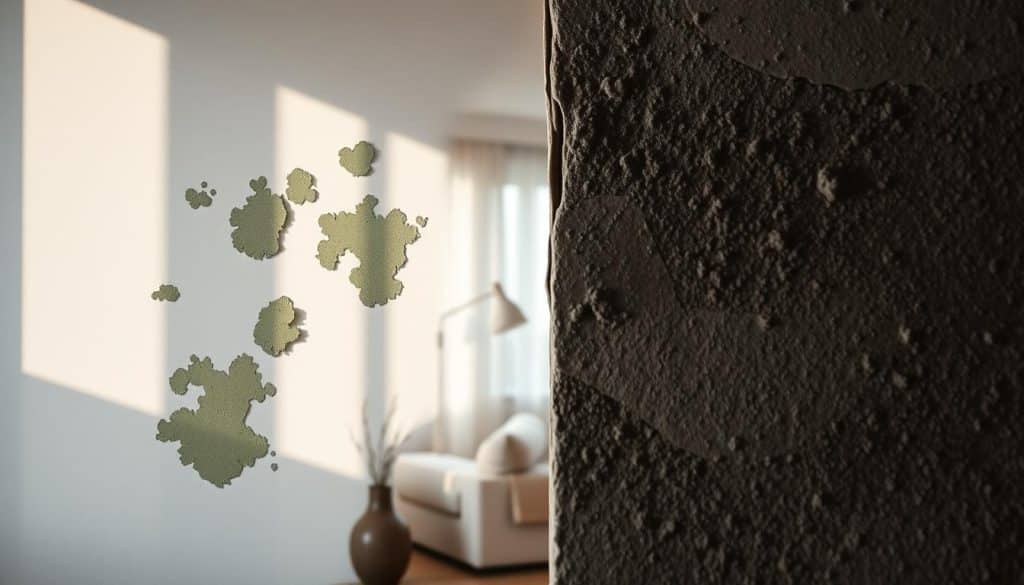 A close-up view of two walls exhibiting mold in a residential setting, contrasting painted drywall on the left and rough concrete on the right. The painted drywall shows patches of greenish-gray mold spreading sporadically, with paint peeling at the edges, while the concrete wall features darker, more textured mold growth, creating a stark visual difference. Soft, diffused natural light from a nearby window illuminates the scene, casting gentle shadows that enhance the textures. The background includes a blurred section of a living room with neutral decor, emphasizing the focus on the walls' mold. The atmosphere feels heavy and somber, evoking the seriousness of mold issues.