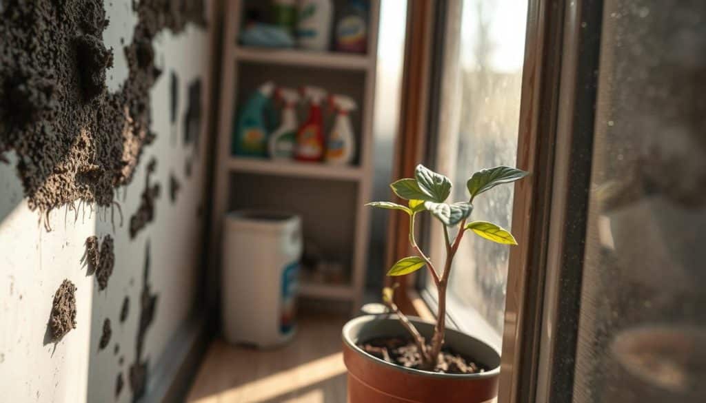 A close-up view of various early signs of mold in a home environment. In the foreground, show dark, fuzzy patches of mold on a damp wall and around a window frame, with peeling paint and moisture marks. In the middle ground, include a small potted plant with leaves showing signs of distress, indicating poor air quality. The background should feature soft-focus shelves with cleaning supplies and a hint of sunlight streaming through a window, illuminating the dust in the air. Use natural lighting to create a warm, yet slightly concerning atmosphere, emphasizing the urgency of identifying mold issues. The scene should evoke a sense of awareness and caution without being alarming. A close-up view of various early signs of mold in a home environment. In the foreground, show dark, fuzzy patches of mold on a damp wall and around a window frame, with peeling paint and moisture marks. In the middle ground, include a small potted plant with leaves showing signs of distress, indicating poor air quality. The background should feature soft-focus shelves with cleaning supplies and a hint of sunlight streaming through a window, illuminating the dust in the air. Use natural lighting to create a warm, yet slightly concerning atmosphere, emphasizing the urgency of identifying mold issues. The scene should evoke a sense of awareness and caution without being alarming.