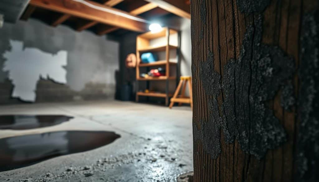 A close-up view of various moisture indicators in a basement, depicting warning signs of water intrusion. In the foreground, a wooden beam with visible mold and water stains, highlighting areas of concern. To the left, a puddle of water collects on the concrete floor, surrounded by a damp, discoloration on the wall. In the middle, a bright flashlight illuminates a corner where peeling paint reveals the effects of moisture. In the background, shelves hold tools and supplies for waterproofing, creating a practical atmosphere. The lighting is dramatic, with shadows enhancing the mood of urgency and concern. Use a slightly tilted angle to emphasize the depth of the scene, ensuring a professional and serious tone throughout the composition.