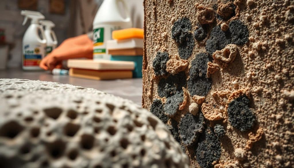 A close-up view of various porous surfaces, including concrete, wood, and drywall, highlighting their textured and uneven surfaces. The foreground features detailed textures of water-stained porous materials, emphasizing small holes and grooves where moisture could collect. In the middle ground, various examples of mold growth are depicted, showcasing dark patches and discoloration on these surfaces. The background fades into a soft, blurred image of cleaning supplies like bleach bottles and sponges, creating a context of mold remediation. The lighting is dramatic, with soft shadows emphasizing the depth of the textures, while the overall atmosphere conveys a serious tone about the risks of using bleach on porous materials. Use a shallow depth of field to focus on the intricate details of the surfaces.