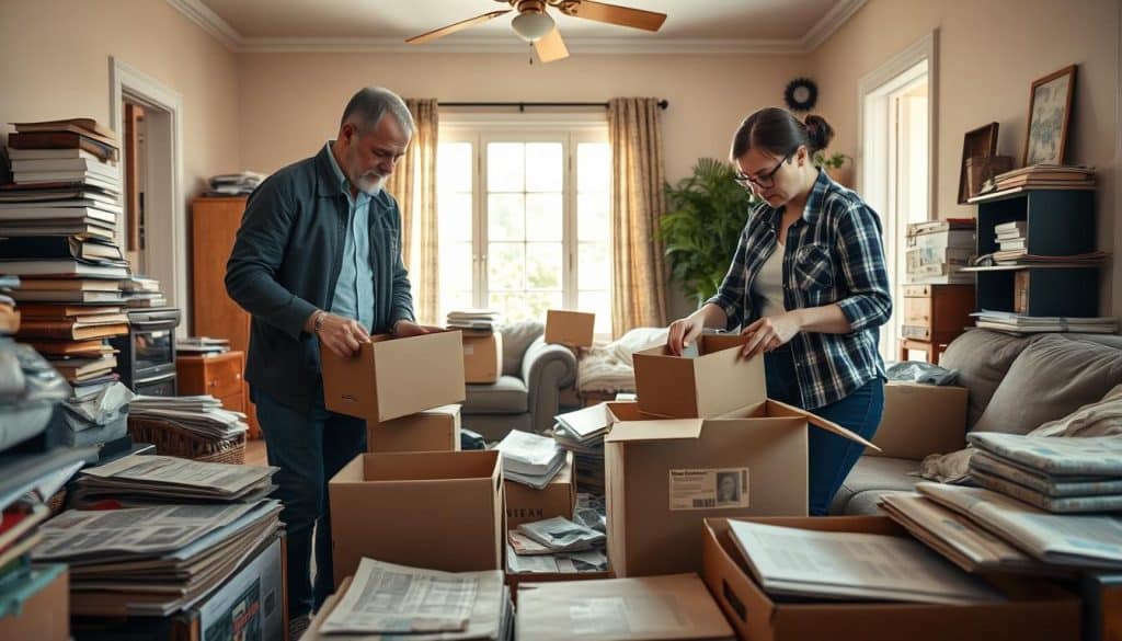 A compassionate team of professional hoarding cleanup specialists is actively assisting a homeowner in a cluttered living room. In the foreground, two diverse professionals, one male and one female, are sorting through boxes with a gentle and caring demeanor, dressed in modest casual clothing. The middle ground features an array of disorganized items, including old furniture, stacks of newspapers, and personal belongings, highlighting the challenge of hoarding. The background shows a sunny window, allowing warm natural light to pour in, creating a hopeful atmosphere. The scene emphasizes teamwork and empathy, reflecting a supportive environment. The angle captures the depth of the room, conveying both the clutter and the professionalism of the helpers.