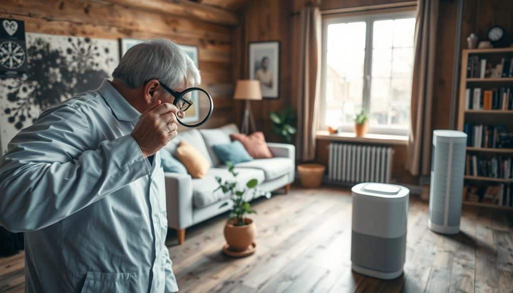 A close-up view of a well-maintained wooden structure, showcasing various preventive measures against mold. In the foreground, a dehumidifier is prominently displayed, with its dial set to control humidity, surrounded by potted plants that thrive in a balanced moisture environment. The middle ground features a ventilation system with air ducts, ensuring proper airflow, while bright LED lights illuminate the scene with a warm, inviting glow. In the background, a window slightly ajar allows fresh air to flow in, with sunlight streaming through, casting gentle shadows. The overall atmosphere is calm and serene, suggesting a space that is both functional and aesthetically pleasing, emphasizing the importance of moisture control, humidity management, and airflow in mold prevention. A cozy, well-lit living room with rustic wooden flooring and a large window allowing natural light to pour in, creating a warm atmosphere. In the foreground, a health inspector wearing professional attire examines a mold-infested corner of the room, using a magnifying glass to closely inspect the dark spots on the wall. In the middle ground, a comfy sofa, a potted plant showing subtle signs of distress, and an air purifier emphasize home health concerns. The background features a bookshelf with various health-related books, adding an educational touch. Use soft, inviting lighting with a slight vignette effect to create a sense of urgency while maintaining a calm mood, suggesting the importance of awareness regarding health cues in the home. - How to Remove Mold from Wood
