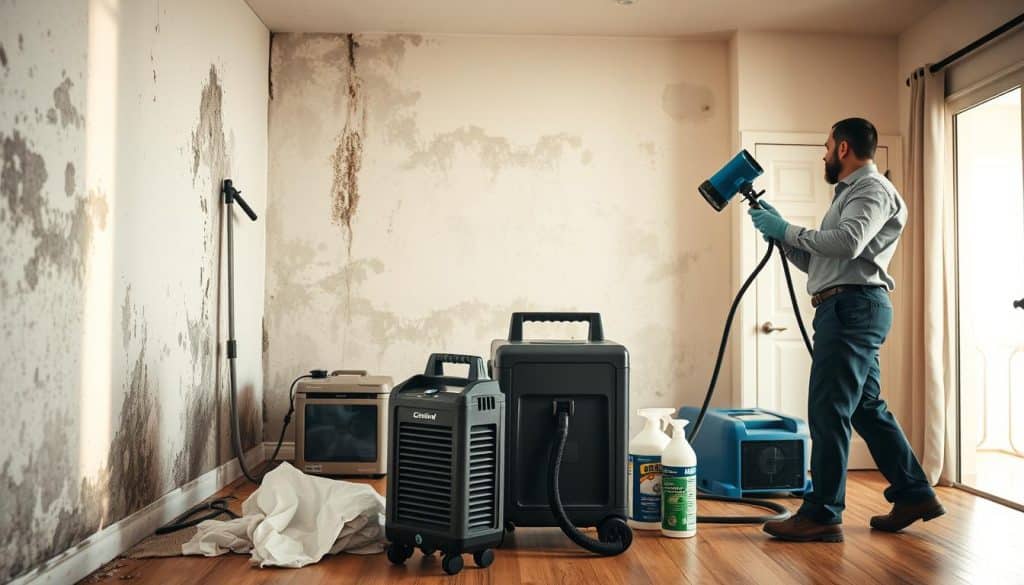 A detailed and professional scene depicting the mold removal and restoration process inside a residential property. In the foreground, a professional technician in business attire is using advanced equipment to treat a wall affected by mold, showing care and precision. In the middle ground, various tools and materials are neatly organized: protective gear, a dehumidifier, and cleaning agents, illustrating the thoroughness of the restoration effort. The background features a partially restored room, with restored drywall and fresh paint, diffused sunlight streaming through a window, creating a warm and inviting atmosphere. The image should convey a sense of professionalism, cleanliness, and dedication to restoring the property, with a focus on efficacy and safety in the mold removal process.