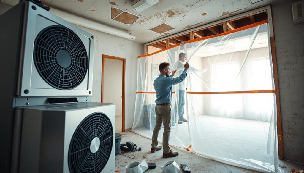 A detailed and scientifically accurate representation of HEPA filtration equipment in a mold remediation context, showcasing a large HEPA air purifier in the foreground, capturing its intricate filters and sleek design. In the middle ground, technicians wearing professional attire are setting up containment barriers using plastic sheeting and duct tape, emphasizing safety protocols. The background features a partially deconstructed room, highlighting surfaces covered in dust and mold, with a focus on a clear view through the transparent barriers. The scene is well-lit with bright, clinical lighting, suggesting a clean and controlled environment. The angle is slightly from above, offering a comprehensive view of the setup, instilling a sense of professionalism and seriousness in addressing mold remediation. The overall mood reflects an atmosphere of diligence in health and safety.