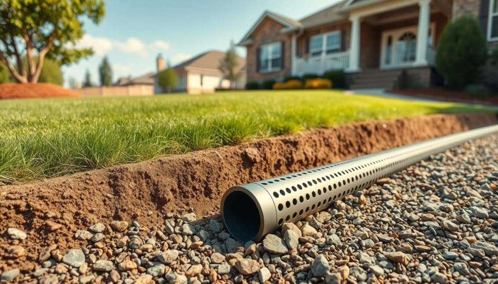 A detailed depiction of a French drain system in a residential setting. In the foreground, illustrate a trench filled with gravel, showcasing the perforated pipe surrounded by stones, demonstrating proper installation. The middle ground features a lush, landscaped yard with sod and plantings, while a slight slope directs water towards the drain. In the background, depict a suburban home with a well-maintained foundation, and nearby, a clear sky suggesting a sunny day, enhancing the brightness of the scene. The lighting should be natural and warm, emphasizing the importance of the drain system in effective water management. Capture a serene, professional atmosphere that reflects reliability and expertise.