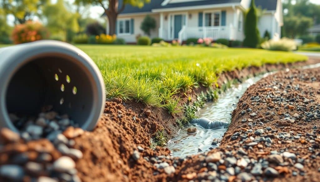 A detailed illustration of a French drain system in a residential setting, showcasing its design and function. In the foreground, a close-up of the gravel-filled trench with perforated pipe partially visible, allowing water drainage. The middle ground features a lush green lawn where the drain is installed, with water flowing gently into the trench, demonstrating its purpose of directing rainwater away from the house foundation. In the background, a charming suburban home with a well-maintained garden, under soft, natural daylight that highlights the textures of the soil and gravel. The atmosphere is serene and functional, evoking a sense of protection and reliability, suitable for homeowners seeking drainage solutions.