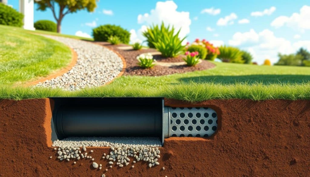 A detailed illustration of a French drain system, showcasing its components and functionality. In the foreground, a cutaway view of the French drain reveals perforated pipes surrounded by gravel, efficiently directing water flow. The middle ground features a well-manicured garden with lush plants and a gentle slope leading towards the drain. The background includes a clear blue sky and soft clouds, highlighting a sunny day that emphasizes the effective drainage system at work. Use natural lighting to create supportive shadows that add depth to the scene. Capture the image from a slightly elevated angle to provide a comprehensive view of the system's layout. The overall mood should be educational and inviting, ideal for illustrating drainage solutions.