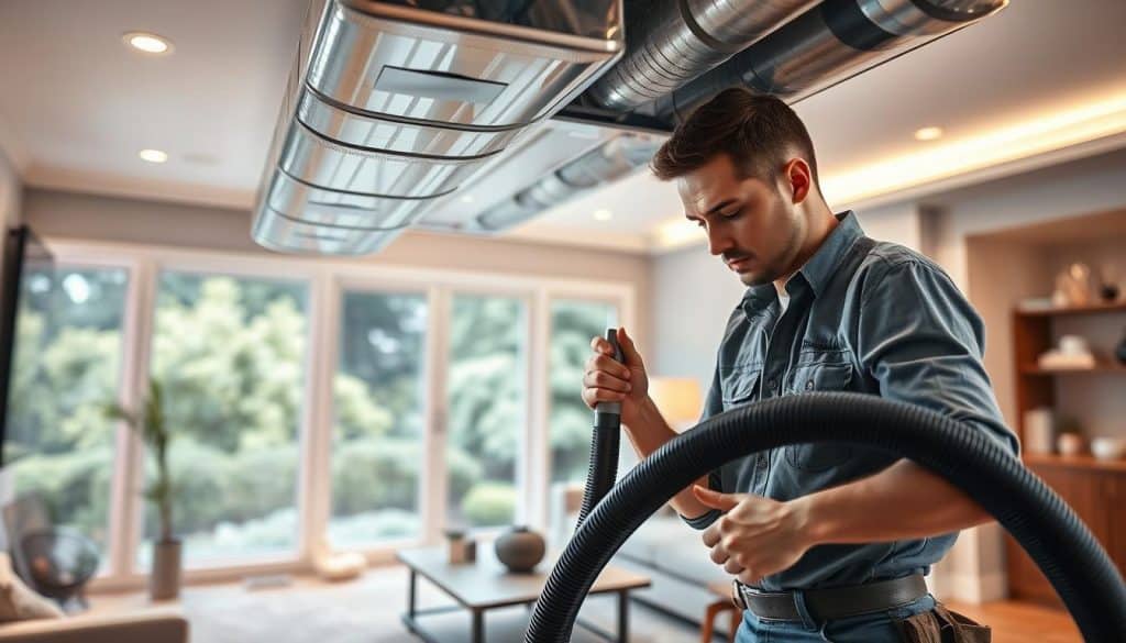 A detailed illustration of an air duct cleaning service in action, with a professional technician in modest casual clothing inspecting an air duct in a home in Greenville, SC. The technician is equipped with a vacuum hose and tools, focused on the ductwork, which is partially visible in the foreground. In the middle ground, the living room features modern home decor, with a clean, well-lit atmosphere showcasing soft lighting from overhead fixtures. The background depicts a window revealing lush greenery outside, hinting at a residential neighborhood. The overall mood is informative and professional, emphasizing cleanliness and efficiency in air duct maintenance, with an inviting, serene ambiance that reflects suburban life.