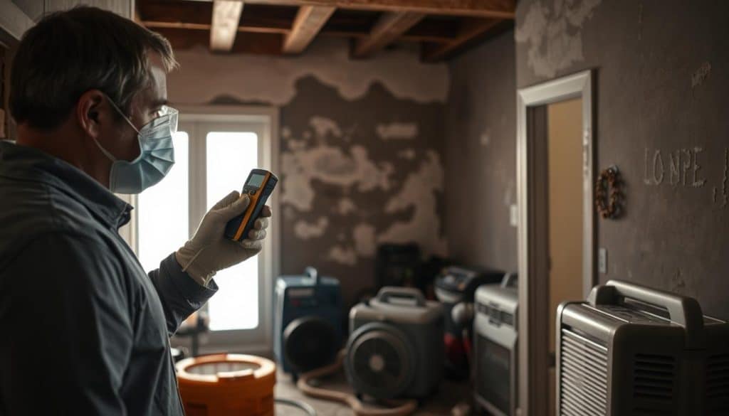 A detailed interior scene showcasing a residential mold remediation process. In the foreground, a professional wearing a protective mask and gloves inspects a mold-affected wall, using a moisture meter. The middle ground features a variety of mold remediation tools such as air scrubbers and dehumidifiers, illustrating the equipment used in the process. In the background, the dimly lit room reveals damp patches on the walls, contrasting with the bright light from the window, enhancing the urgency of the situation. The atmosphere should feel clinical and focused, emphasizing the importance of safety and thoroughness in mold removal, with a clear depiction of a structured and methodical approach to addressing the issue.