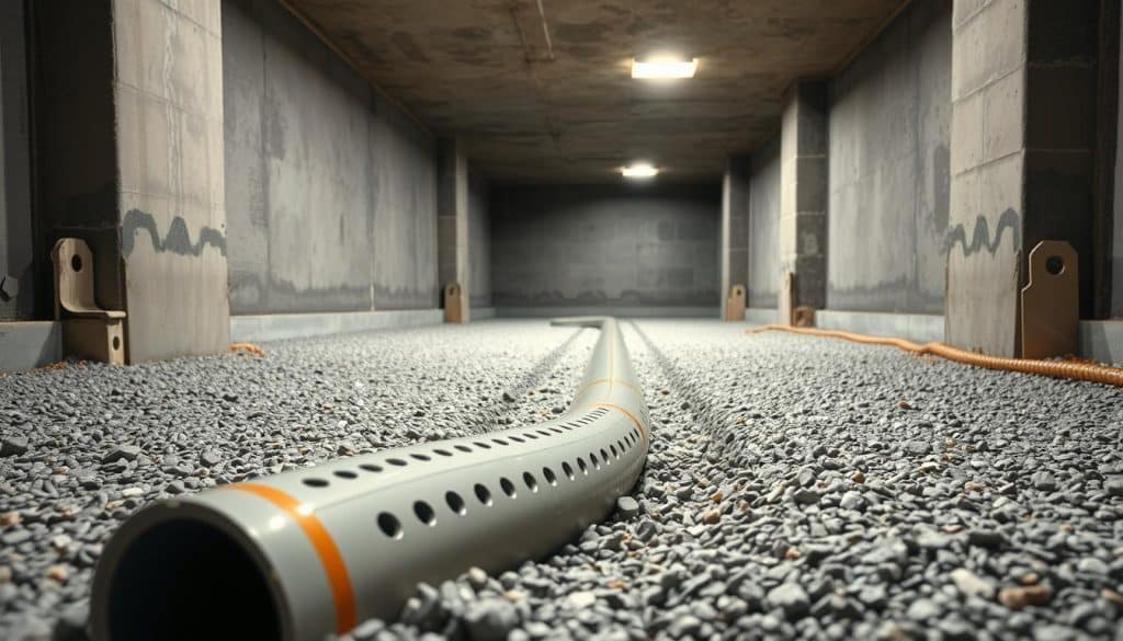 A detailed interior view of a basement showcasing a french drain system. In the foreground, focus on a well-constructed trench with gravel surrounding the perforated drainage pipe, demonstrating its function. The middle ground features concrete walls with minor moisture markings, highlighting the necessity of the drainage system. In the background, the room is partially illuminated by soft, even overhead lighting, casting gentle shadows that enhance the structure's features. Use a wide-angle lens to capture the entire space, creating an inviting atmosphere that feels professional and informative. The scene should exude a sense of reliability and expertise, emphasizing the importance of proper drainage techniques in basement management.