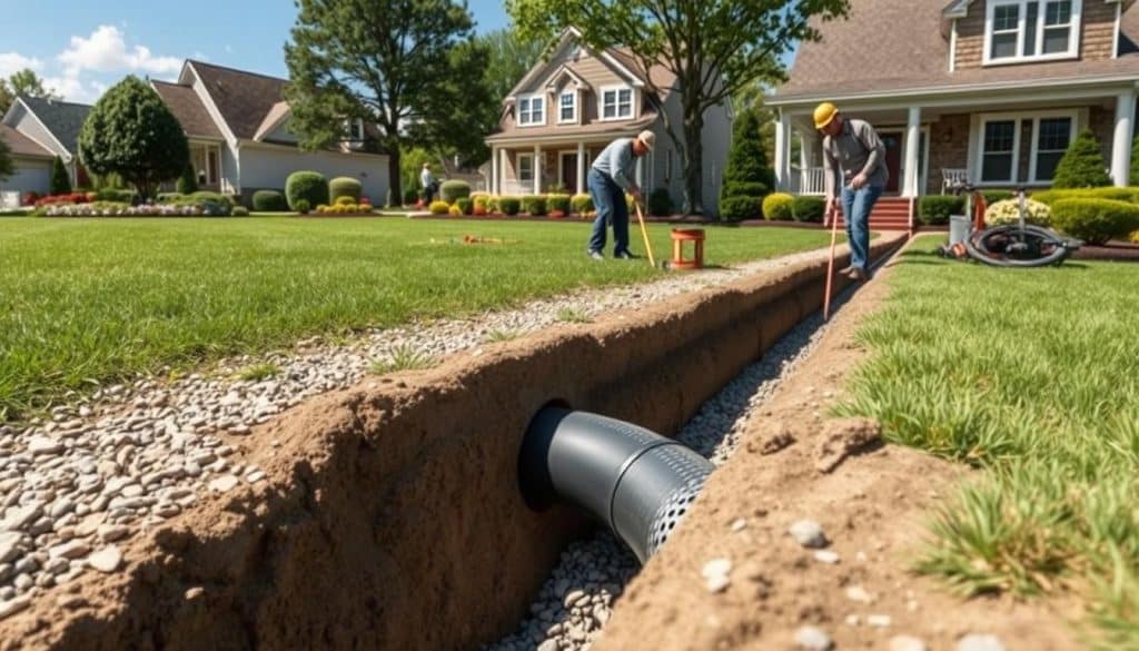 A detailed, realistic illustration of a French drain installation site, featuring a trench with gravel and perforated pipe visible in the foreground. The middle ground should display workers in professional attire, carefully installing the drain, with tools and equipment nearby. The background can depict a suburban landscape with a nicely landscaped yard, trees, and a house to set the context. The lighting should be natural, representing a sunny day, with shadows casting to enhance the depth of the scene. Capture the atmosphere of diligent work and professionalism, focusing on the technical and practical aspects of the French drain installation process.