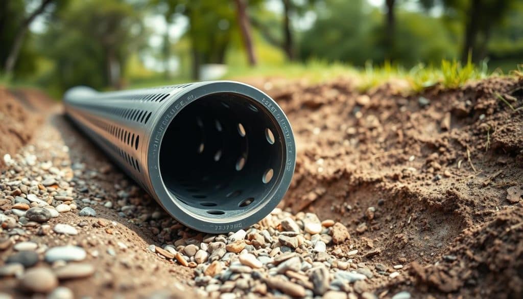 A detailed, realistic portrayal of a perforated pipe, positioned prominently in the foreground of the image. The pipe, made of high-density plastic, features multiple perforations uniformly spaced along its length, allowing for effective drainage. Surrounding the pipe, small pebbles and gravel are scattered, illustrating its function in a drainage system. The middle ground shows a partially excavated trench with dirt and grass, suggesting ongoing installation. In the background, soft, natural lighting filters through trees, creating a serene atmosphere that enhances the focus on the pipe as a vital construction material. The image should be captured with a shallow depth of field to keep the pipe sharp while blurring the background slightly, imparting a professional and informative aesthetic.