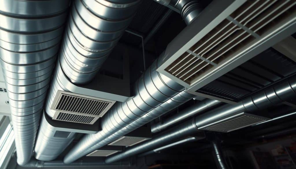 A detailed view of an air duct system within a modern HVAC setting. In the foreground, sleek metallic air ducts intersect at various angles, showcasing their intricate design. The middle ground features air registers, with crisp air flow visible, and dust particles illuminated by soft, natural light streaming in through vents. The background reveals a dimly lit utility room, with shadows playing across the walls, hinting at a storage area. The perspective is slightly low, capturing the grandeur of the ductwork and creating an immersive atmosphere. The overall mood is clean and industrial, emphasizing functionality, with a focus on the importance of air quality and maintenance. A detailed view of an air duct system within a modern HVAC setting. In the foreground, sleek metallic air ducts intersect at various angles, showcasing their intricate design. The middle ground features air registers, with crisp air flow visible, and dust particles illuminated by soft, natural light streaming in through vents. The background reveals a dimly lit utility room, with shadows playing across the walls, hinting at a storage area. The perspective is slightly low, capturing the grandeur of the ductwork and creating an immersive atmosphere. The overall mood is clean and industrial, emphasizing functionality, with a focus on the importance of air quality and maintenance.