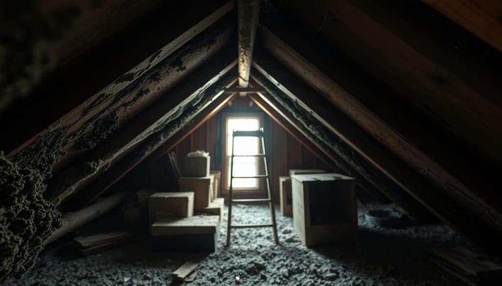 A dimly lit attic space reveals signs of mold growth along the wooden beams and rafters, showcasing clusters of dark green and black spots on the insulation and walls. In the foreground, a close-up of a moldy patch is illuminated by soft, diffused natural light coming from a small window, highlighting the texture of the mold. In the middle, dusty boxes and an old ladder create a cluttered, neglected atmosphere. The background features cobwebs and dusty air particles, enhancing the sense of abandonment. The overall mood is eerie and urgent, emphasizing the importance of recognizing mold issues. The angles captured suggest a slightly downward perspective, drawing attention to the mold's creeping presence, with an emphasis on cleanliness and safety in the space.