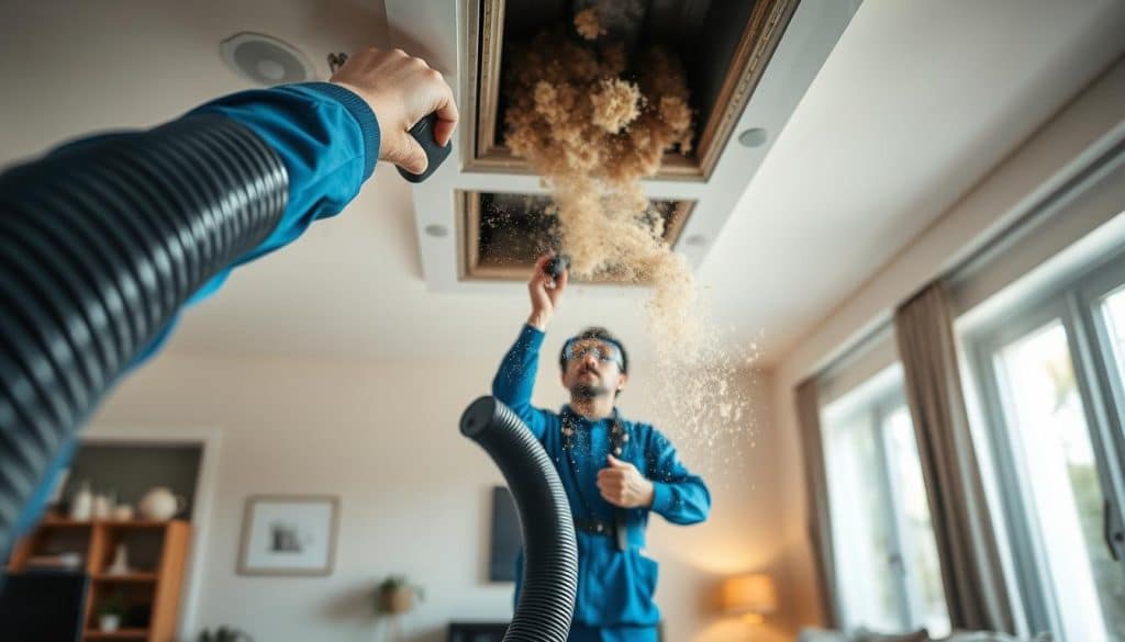 A professional air duct cleaning scenario in a modern residential setting. In the foreground, a technician in a blue jumpsuit and safety goggles expertly operates a powerful vacuum hose, drawing out dust and debris from a ceiling air duct. In the middle, the air duct is visibly dirty, with particles swirling in the air, highlighting the need for cleaning. The background features a cozy living room with a homey ambience, well-lit by natural light streaming in through a window, emphasizing the cleanliness of the environment. The overall mood is one of professionalism and urgency, conveying the importance of maintaining clean air ducts for a healthier home. The composition is focused, shot from a slightly low angle to accentuate the technician's expertise and the details of the process.