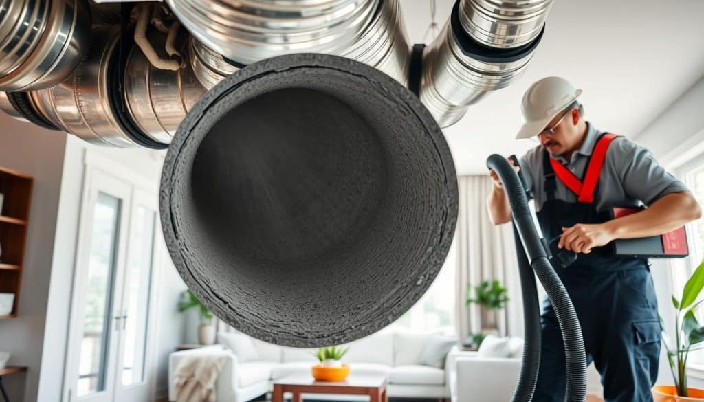 A professional air duct cleaning scene inside a modern home in Greenville, SC. In the foreground, a technician in clean, professional work attire is using a powerful vacuum system to extract dust and debris from a large air duct. The middle layer shows the duct itself, revealing a buildup of dirt and allergens, emphasizing the need for cleaning. In the background, a well-lit living room is visible, showcasing comfortable furniture and houseplants, conveying a sense of a healthy, inviting home environment. Natural light filters through a window, creating a bright, optimistic atmosphere that reinforces the benefits of maintaining clean air ducts for better indoor air quality.