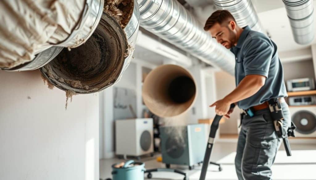 A professional air duct cleaning service in action, featuring a technician in a polo shirt and work pants, using specialized equipment to clean a large air duct in a modern home. The foreground highlights a close-up of the technician’s focused expression, surrounded by tools like a vacuum and brushes. The middle shows the duct being thoroughly cleaned, with visible dust and debris being extracted, emphasizing the importance of cleanliness. In the background, a well-lit, organized space reveals HVAC units and ductwork, symbolizing efficiency and professionalism. Bright, natural lighting enhances the clarity of the scene, capturing the meticulous process and commitment to high cleaning standards. The atmosphere is one of trust and expertise, suitable for an HVAC service environment.