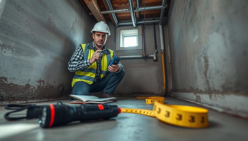 A professional building inspector in a hard hat and safety vest examines a damp basement with a moisture meter. In the foreground, tools like a flashlight and notepad are arranged on a concrete floor. The middle ground features the inspector interacting with damp walls, looking concerned yet focused, while a measuring tape rolls out beside him. The background shows pipes, insulation, and water stains, emphasizing the need for waterproofing. Soft, natural lighting filters in through a small window, casting gentle shadows and creating an atmosphere of urgency and professionalism. The angle is slightly low to capture both the inspector's detailed work and the structural elements of the basement, conveying the seriousness of the inspection process in the context of waterproofing.