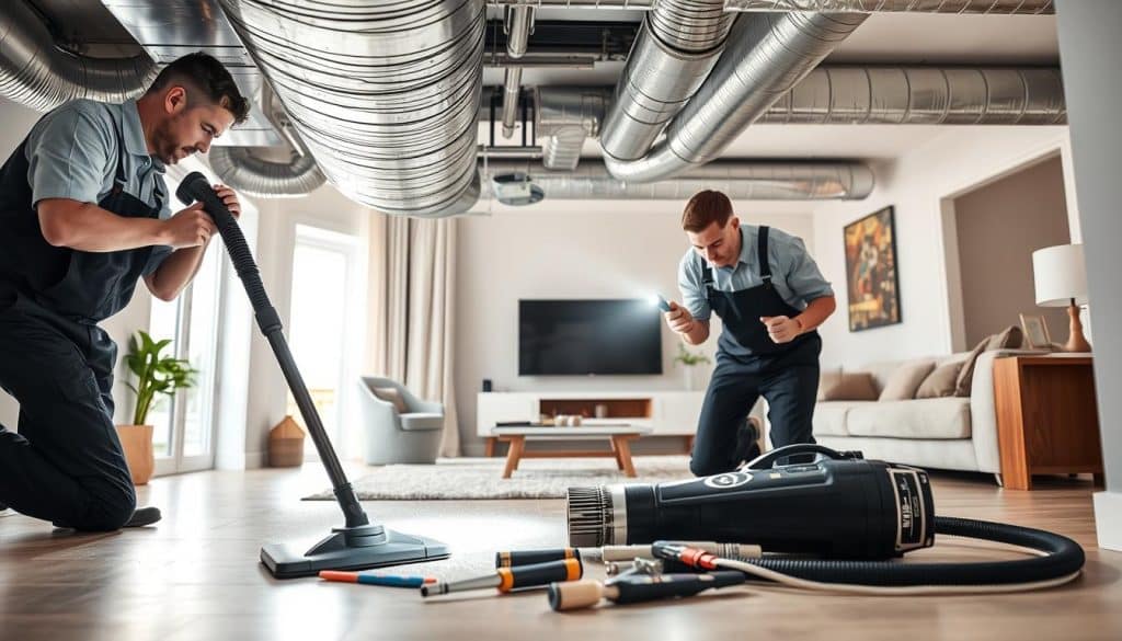 A professional duct cleaning scene featuring two technicians in smart uniforms, carefully inspecting and cleaning air ducts in a modern home. In the foreground, one technician uses a vacuum hose to extract dust and debris, while the other holds a flashlight to illuminate the ductwork, showcasing the thoroughness of their work. The middle ground shows a gleaming, well-maintained duct system and tools laid out methodically, emphasizing professionalism. The background reveals a cozy living room with soft lighting filtering in through windows, evoking a clean and fresh atmosphere. The overall mood is one of expertise and care, illustrating the importance of quality duct cleaning. The image is bright, with a slight focus on the technicians to highlight their expertise while maintaining a clean, uncluttered environment.