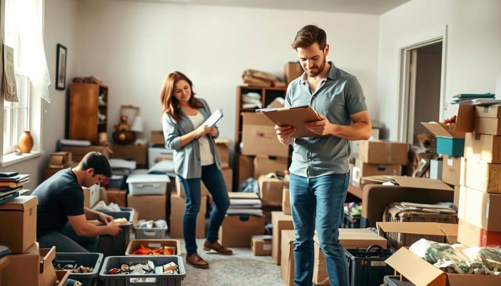A professional hoarding cleanup process, focusing on a team of three individuals in modest casual clothing, carefully sorting through a cluttered room filled with boxes, furniture, and household items. In the foreground, a woman is holding a clipboard, overseeing the organization of items, while a man is gently lifting a box to another area. To the left, a person is kneeling, organizing small items into bins. The lighting is soft and natural, emanating from a nearby window, creating a warm and inviting atmosphere. In the background, a partially cleared space shows the transformation, highlighting the focus on safety and discretion in the cleanup process. The composition captures a sense of teamwork and dedication, emphasizing the professional approach to hoarding cleanup.
