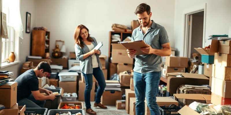 A professional hoarding cleanup process, focusing on a team of three individuals in modest casual clothing, carefully sorting through a cluttered room filled with boxes, furniture, and household items. In the foreground, a woman is holding a clipboard, overseeing the organization of items, while a man is gently lifting a box to another area. To the left, a person is kneeling, organizing small items into bins. The lighting is soft and natural, emanating from a nearby window, creating a warm and inviting atmosphere. In the background, a partially cleared space shows the transformation, highlighting the focus on safety and discretion in the cleanup process. The composition captures a sense of teamwork and dedication, emphasizing the professional approach to hoarding cleanup. - horading cleanup services